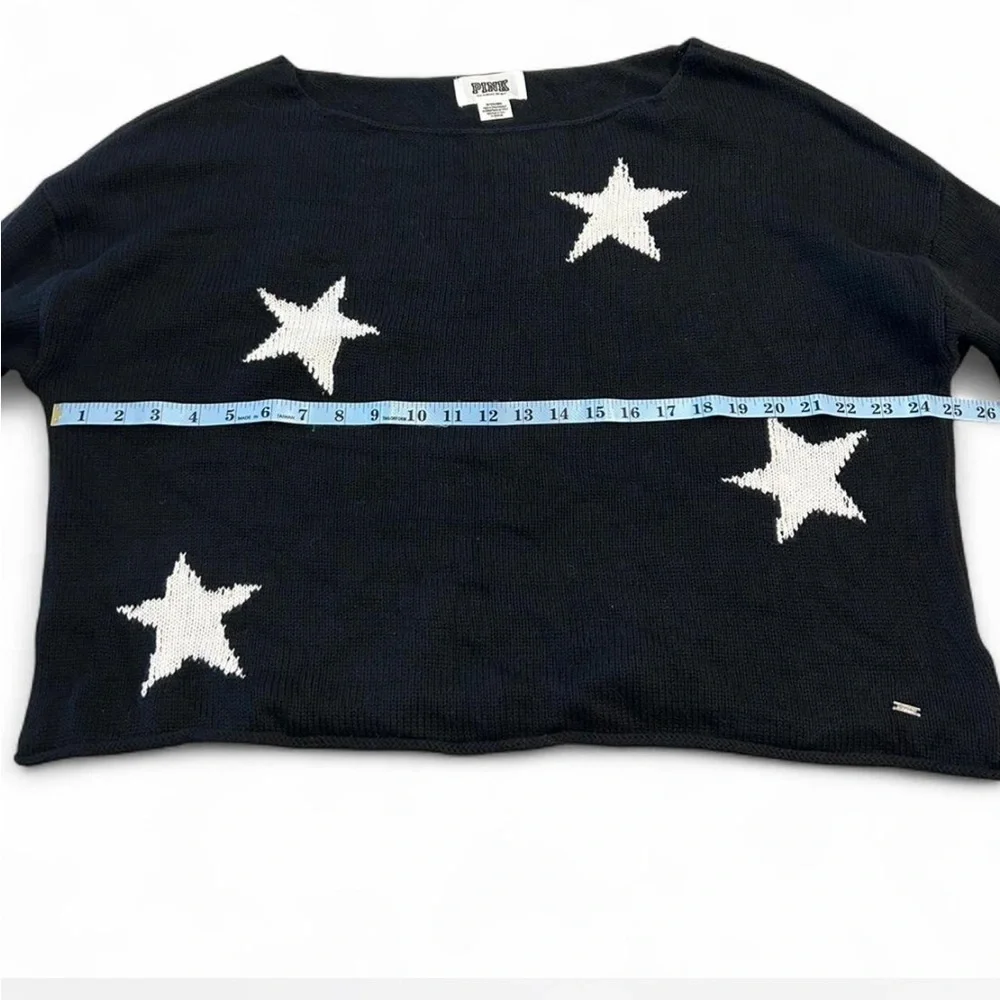 PINK Cropped Oversized Boxy Fit Black Sweater with Stars, Size Medium